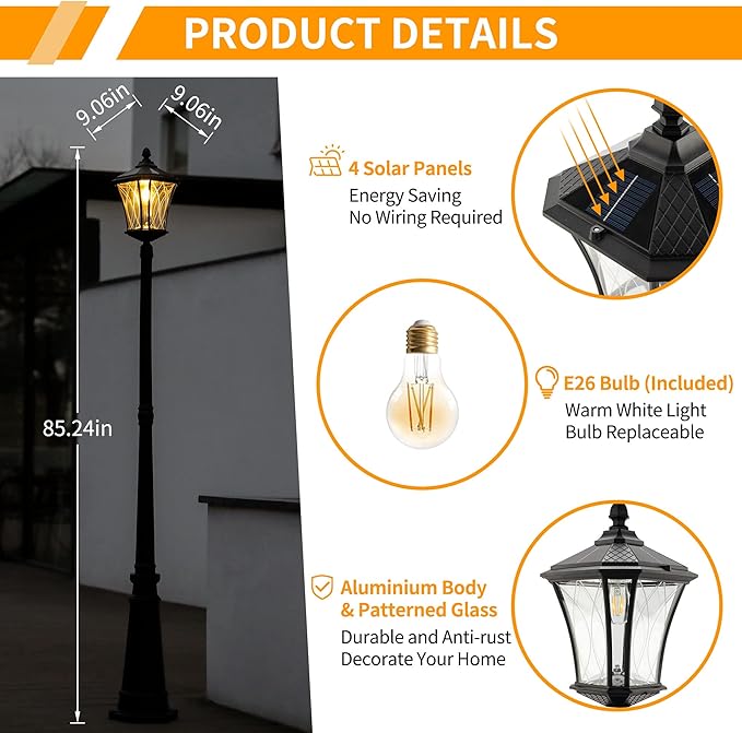 LUTEC Outdoor Solar Lamp Post Light, Dusk to Dawn Waterproof Pole Light with Patterned Glass, Exterior Vintage Black Solar Powered Street Light Fixtures for Garden, Patio, Pathway, Yard