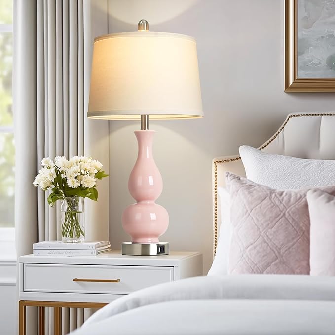27" Pink Double Gourd Ceramic Lamps for Bedroom, Modern Ceramic Living Room Lamp with USB A+C Ports, Cute Bedside Table Lamps Set of 2, Tall Lamp for Night Stand Side End Table Home Decor