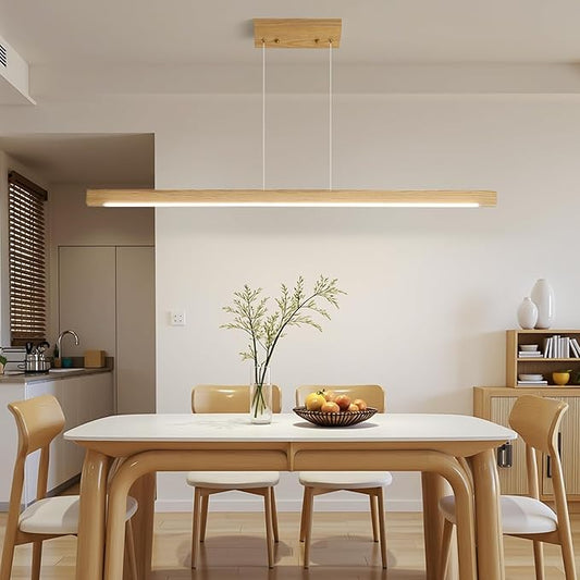 Modern Wooden Pendant Light, 39IN White Ash Wood Chandelier with Remote Control 3000k-6500K Adjustable Color Temperature，Aluminum Island Lighting Lamp for Dining Room, Living Room A