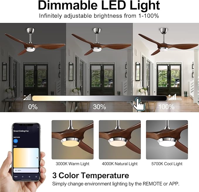 reiga 52 Inch ETL Listed High CFM Quiet DC Motor Smart Ceiling Fans with Lights Remote Control, Indoor 3 Blade Modern Ceiling Fan for Living Room Bedroom Farmhouse - Aura Lighting