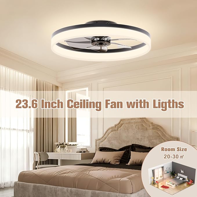 VOLISUN Low Profile Ceiling Fans with Lights and Remote, 23.6in Flush Mount Ceiling Fans with Light, 3000K-6500K Dimmable Fandelier LED Fan Light, Bladeless Ceiling Fan with Lights for Bedroom(Black) - Aura Lighting
