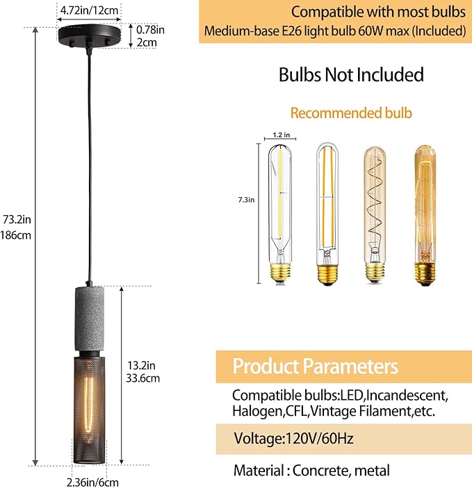 Concrete Linear Pendant Light with a Metal Mesh Shade,Modern Industrial Hanging Cement Pendant Lighting Fixture for Kitchen Island Bedroom Living Room Dining Room(Black 1-Pack)