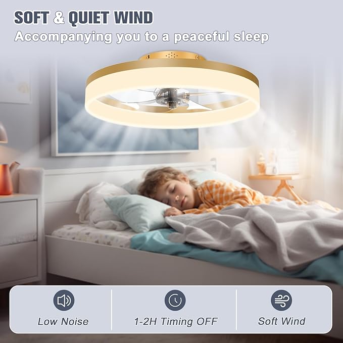 VOLISUN Low Profile Ceiling Fans with Lights and Remote, 19.7in Fandelier Ceiling Fan Flush Mount, 3000K-6500K Smart Bladeless LED Fan Light, Gold Modern Ceiling Fans with Lights for Bedroom - Aura Lighting