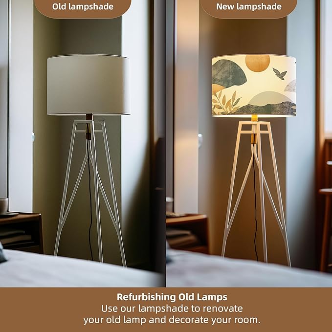 Fabric Drum Lampshades for Table, Floor Lamps, 13’’ Top x 13’’ Bottom x 10’’ High (Spider), Medium Size, Small Size Replacement, Vintage Bird Lampshades, Western, Boho Wabi-Sabi Style