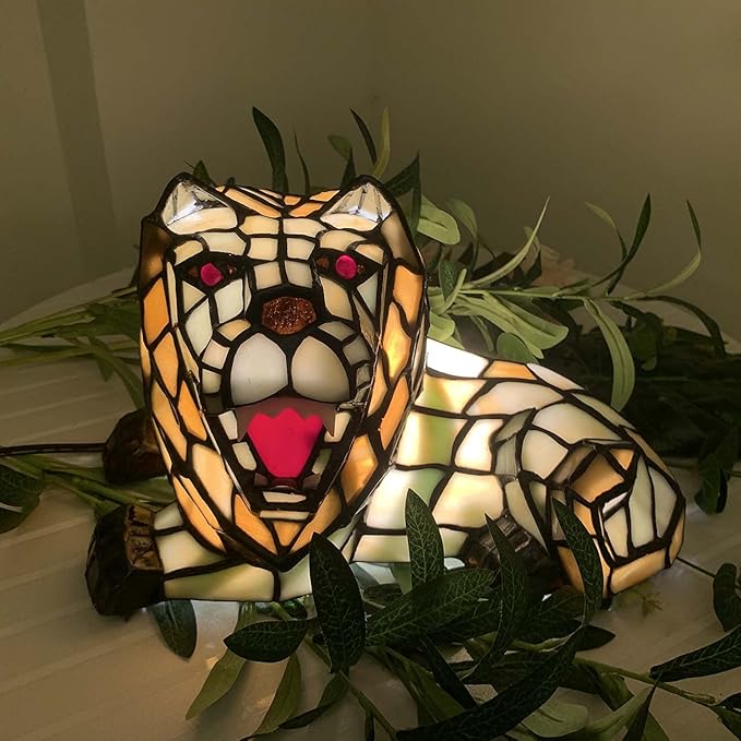 Bieye L10828 Roaring Lion Table Lamp Tiffany Style Stained Glass Accent Night Light for Children's Room Nursery Home Décor