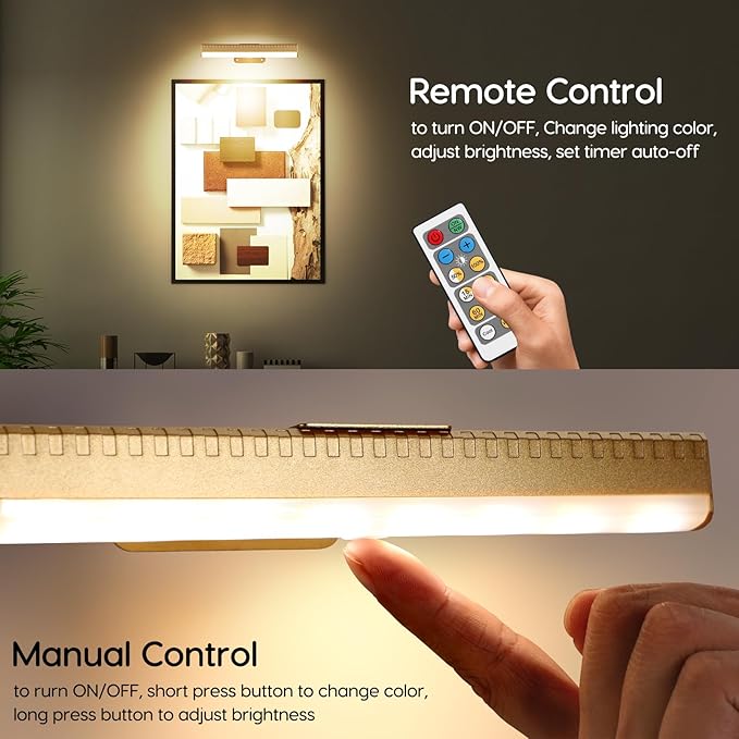 6pcs Battery Operated Picture Light with 3 Lighting Color,Painting Light for Wall with Remote,Led for Art Indoor Poster Brightness Dimmable, Timer-Off Display Accent Light for Frame Gallery-Black
