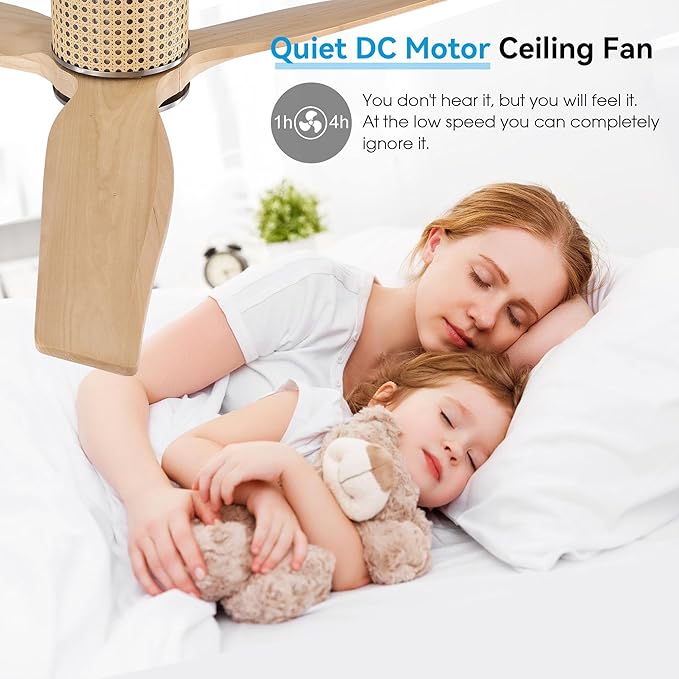 48" Ceiling Fan No Light - Low Profile Flush Mount Ceiling Fan, 6-Speed Remote Control, Solid Wood, Quiet Reversible DC Motor, Wood/Silver Finish, for Bedroom, Living Room, Porch - Aura Lighting