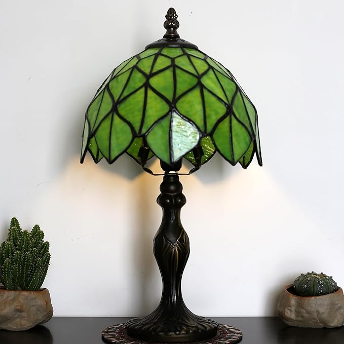 Tiffany Style Lamp Stained Glass Table Lamp 8 x 14.5 Mini Accent Light Green Maple Leaf Design Small Decorative Bedside Reading Memory Lamp
