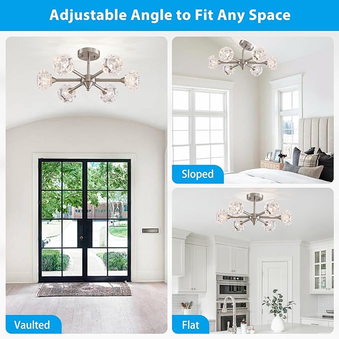 XINGQI Modern Sputnik Chandelier 6-Light Semi Flush Mount Ceiling Light Fixture Brushed Nickel Ceiling Lighting for Bedroom Entryway Dining Room Living Room Kitchen - Aura Lighting
