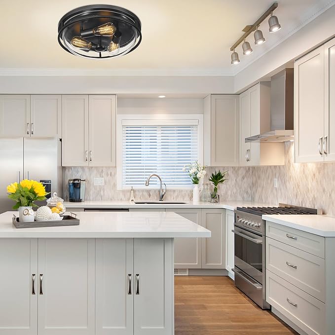 16 Inch Flush Mount Ceiling Light with Clear Glass Shade, 3-Light Indoor Outdoor Farmhouse Lighting Flush Mount Lights for Kitchen Bedroom Porch Living Dining Room(Large) - Aura Lighting