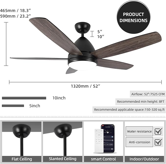 Smart Ceiling Fan with Light, 52 Inch Modern Black Outdoor Ceiling Fan and Remote/App, Dimmable Tri-Color LED and Reversible Motor for Indoor Bedroom/Outdoor Covered Patio - Aura Lighting