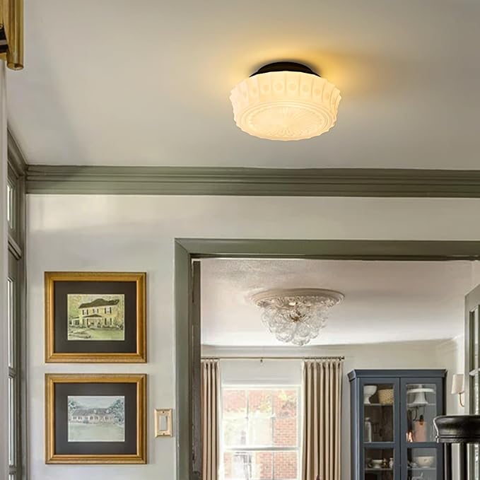 Milk Glass Schoolhouse Ceiling Light - Small 12 Inch Vintage Mid Century Modern Flush Mount Lighting Fixtures - Antique Art Deco Lamp for Hallway Bedroom Kitchen Entryway Laundry Foyer Bathroom Hall - Aura Lighting