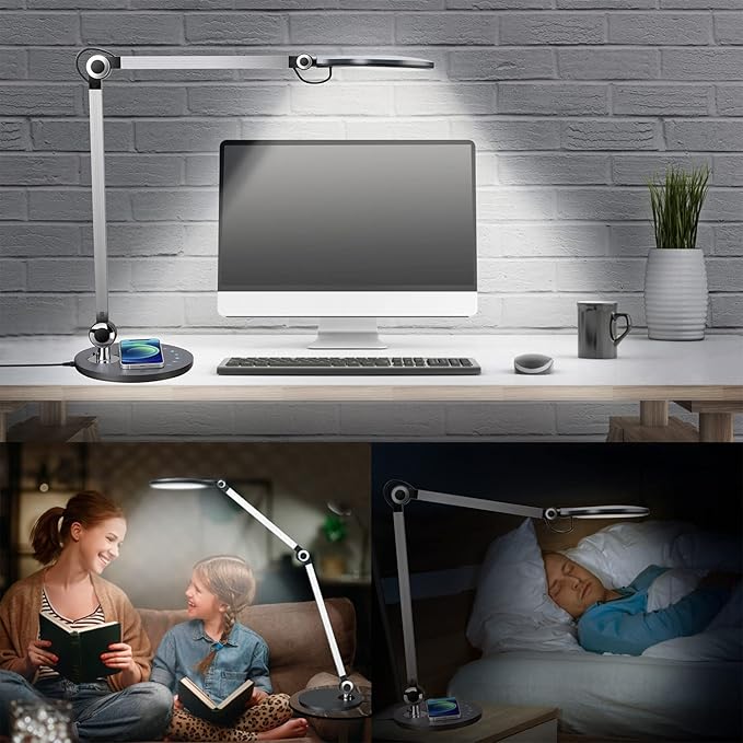 Desk Lamp,Led Architect Desk Lamp,Desk Lamps for Home Office,Table lamp with Wireless Charger & Adjustable Swing Arm,Touch Control, 3 Lighting Mode,5 Brightness,Eye-Caring Office Lamp - Aura Lighting