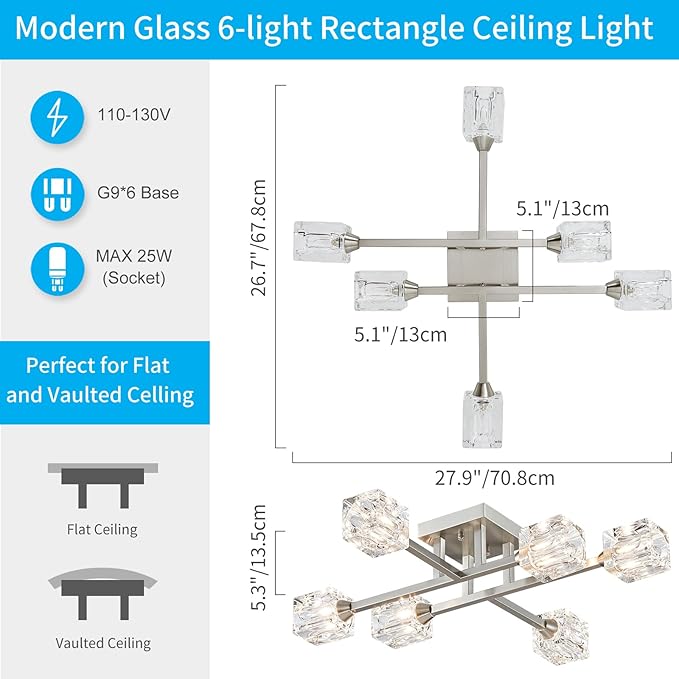 XINGQI Sputnik Light Fixture 6-Lights Semi Flush Mount Ceiling Light, Modern Silver Glass Chandelier Brushed Nickel Lighting for Dining Room Living Room Kitchen Bedroom Entryway - Aura Lighting