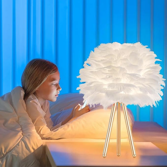 ZYLEIESENBAO White Feather Lamp Furry Table Lamp H16'' Modern Princess Feather Desk Lamp Tripod Fluffy Bedside Nightstand Light for Bedroom Wedding Atmosphere Girl Gift Living Room Retaurant Entryway - Aura Lighting