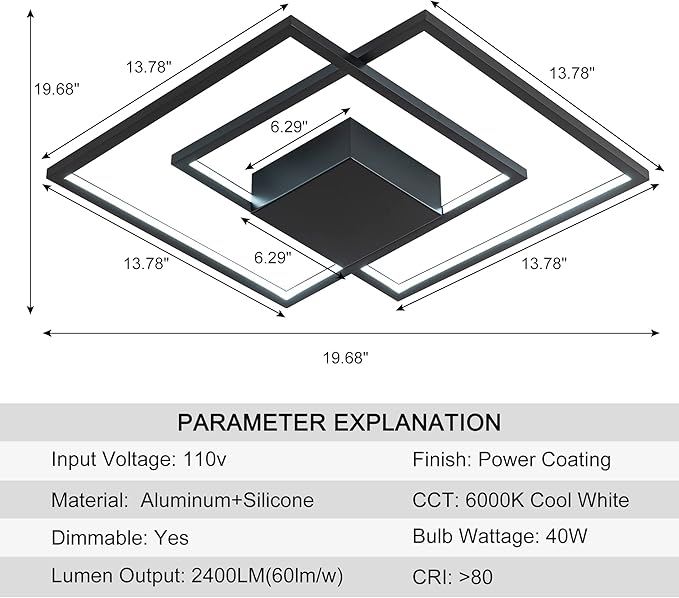 Modern LED Ceiling Light Modern Flush Mount Ceiling Light Fixture, Dimmable Frame Premium Black Lamp for Dining Room Kitchen Bedroom Living Room Cool Light