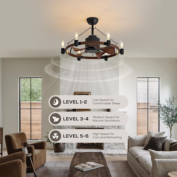 Ceiling Fan with Light, 28” Rustic Chandelier Ceiling Fan with Remote Control, Farmhouse Caged Ceiling Fan with Lights for Bedroom, Kitchen, Living Room, Dining Room - Aura Lighting