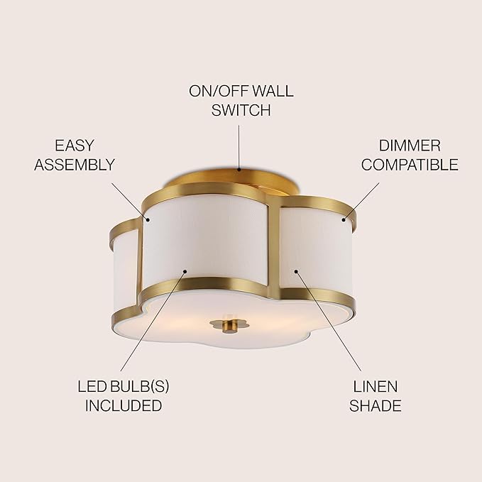 JONATHAN Y 13" Brass Gold Modern Scalloped LED Flush Mount Ceiling Light Fixture, White Linen Shade Quatrefoil Chandelier for Bedroom Living Room Kitchen Hallway Foyer (JYL9507B)