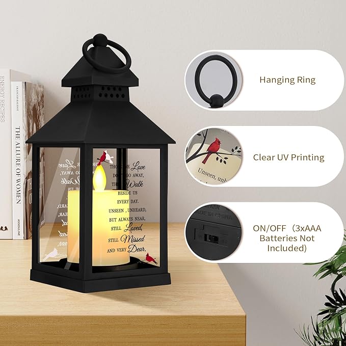 Sympathy Gifts for Loss of Loved One, Memorial Gift Lantern with Card, Bereavement Gift Candle Lights, Memory Lamp with Remote for Funeral Remembrance or Condolences (Black)