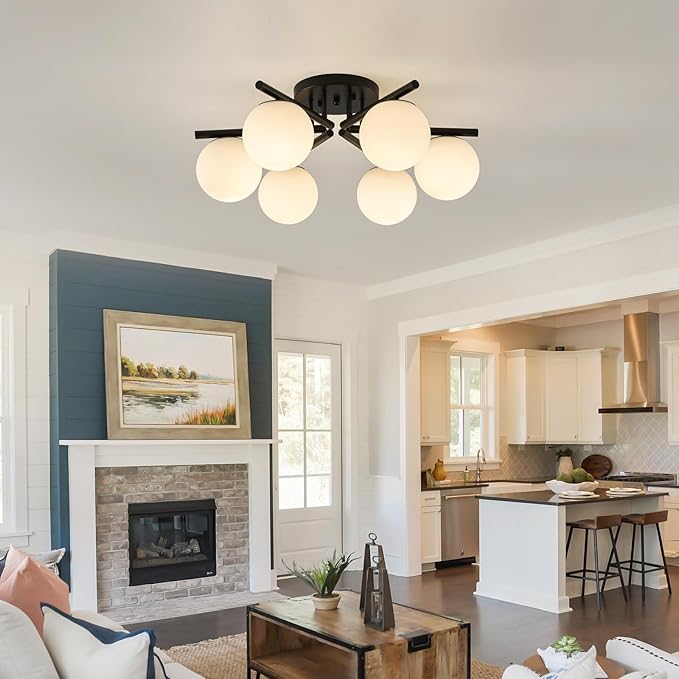 Sputnik Semi Flush Mount Ceiling Light, 6 Globe Lights Sputnik Ceiling Light Fixture, Milk Glass Globe Chandelier for Dining Room, Black Mid Century Modern Chandelier for Living Room, Hallway