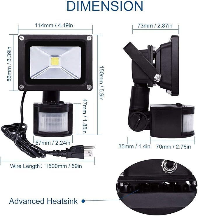Z Motion Sensor Flood Lights Outdoor,10W Induction LED Lamp, IP65 Waterproof Spotlight,6500K LED Sensor Light,Security Light with US 3-Plug (Daylight White-Black)