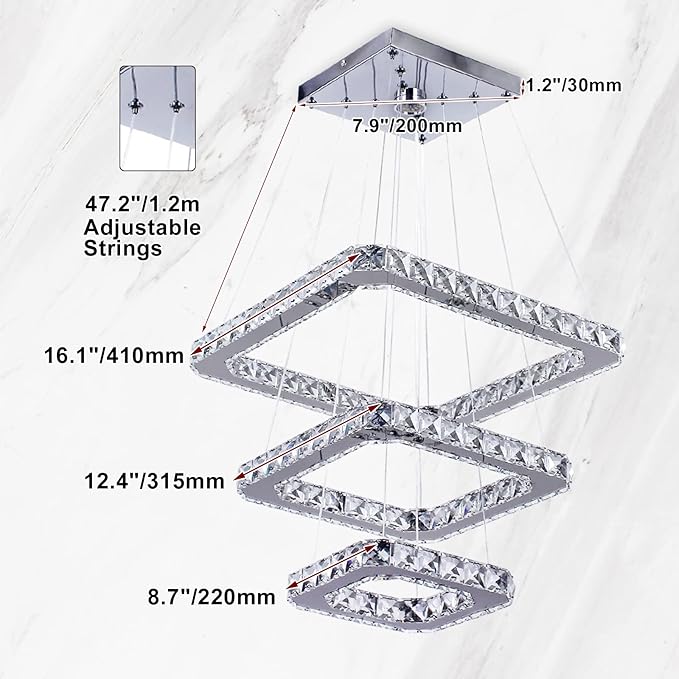 Modern Crystal Chandelier LED Ceiling Light, Square 3-Ring Design, Ultra-Bright 47W Cool White 6000K, Height Adjustable K9 Crystal Pendant Lighting for Dining Room, Living Room, Bedroom, Foyer