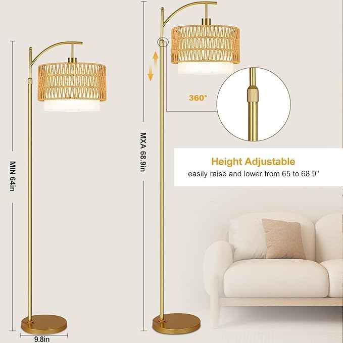 Gold Floor Lamps for Living Room Rattan Boho Floor Lamp with Remote Control & 3 Color Temperature, Dimmable Arc Floor Lamps Wicker Lamp Shades Brass Standing Lamp Tall Floor Lamp For Bedroom Corner