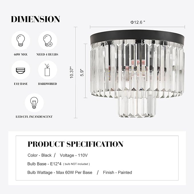 12.6" Black Crystal Ceiling Light 4-Light Modern Fixture 2-Tier Luxury K9 Crystal, for Dining Room Kitchen Island Living Room Bedroom - Aura Lighting