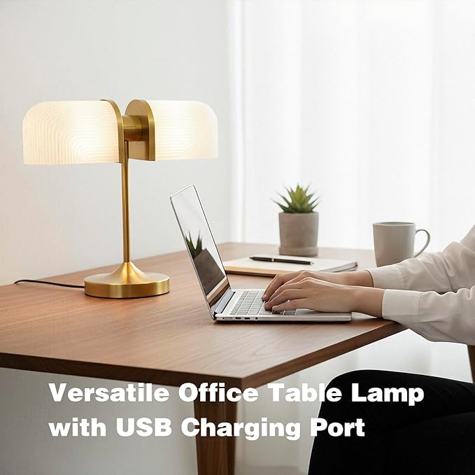 Vintage Milk Glass Bankers Desk Lamp - Dimmable Touch Control Bedside Lamp with USB A+C Charging Ports, for Bedroom Nightstand & Living Room, Bulb Included (White)