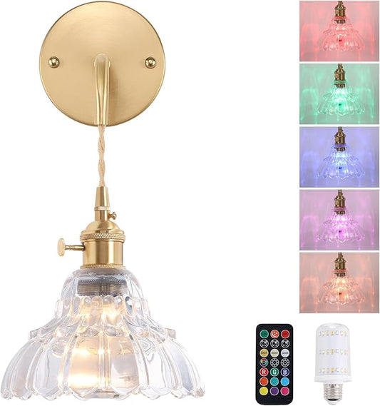 Battery Operated Wall Sconce Wall Lamp with Clear Lily of The Valley Shade Pattern Glass Adjustable Chain Retro Gold Wall Light, Modern Wall Lamp Fixtures Decor for Bedside Bedroom - Aura Lighting