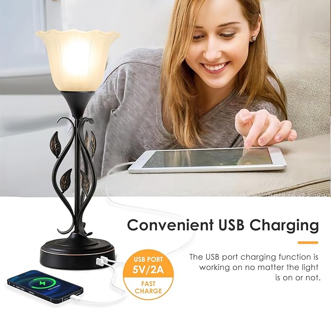 Touch Table Lamps for Bedroom Set of 2, Bedside Lamps with USB Ports, 3-Way Dimmable Decorative Nightstand Lamp Rustic Leaf Torchiere Glass Flower Lamp for Living Room Dresser (Bulbs Included)