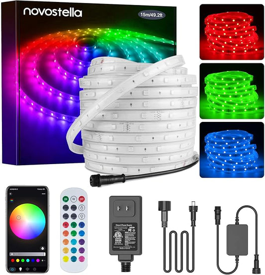 Novostella 49.2ft Smart LED Outdoor Rope Light, Music Sync RGB Strip Lights, App Control and RF Remote Color Changing Dimmable Tape Exterior Lighting Kit, for Garden Decorative Stairs Party, 24V IP65