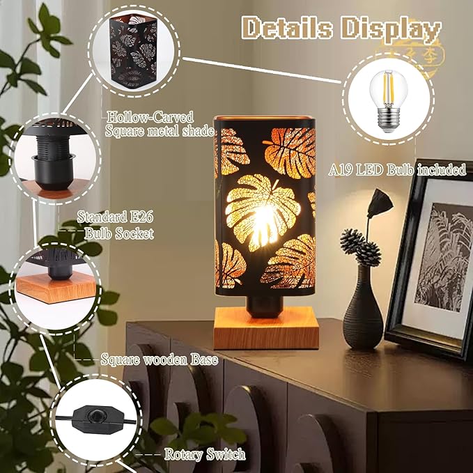 Rustic Table Lamp with Dimmer, Small Black Industry Metal bedside Lamp, fully Dimmable Rotary Switch, Night Light for office Kids, Bedroom Nightstands Lamp, Lamp for Living Room End Tables side