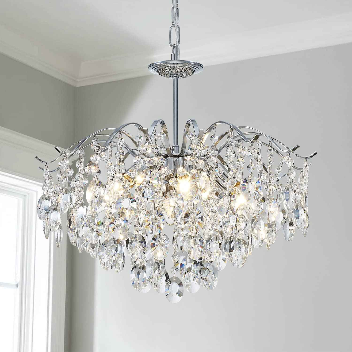 Saint Mossi Modern K9 Crystal Chandeliers, Middle Century Modern Design Chandelier Light Fixture for Dining Room, D20 x H17, Adjustable Chains 59", Chrome Finish Metal Frame