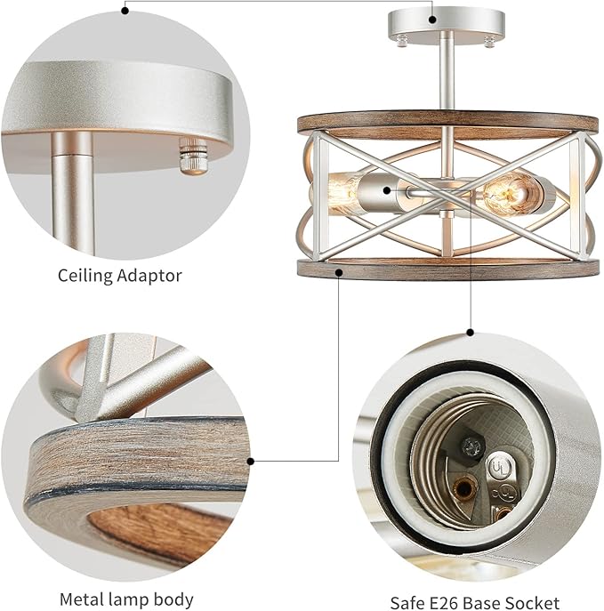 WUZUPS Chandelier 3-Light Vintage Farmhouse Industrial Imitation Wood Grain Semi-Flush Mount Ceiling Light Lighting Fixture for Foyer Hallway Storage Room Kitchen Bathroom, H 9.4" W 12", Nickel