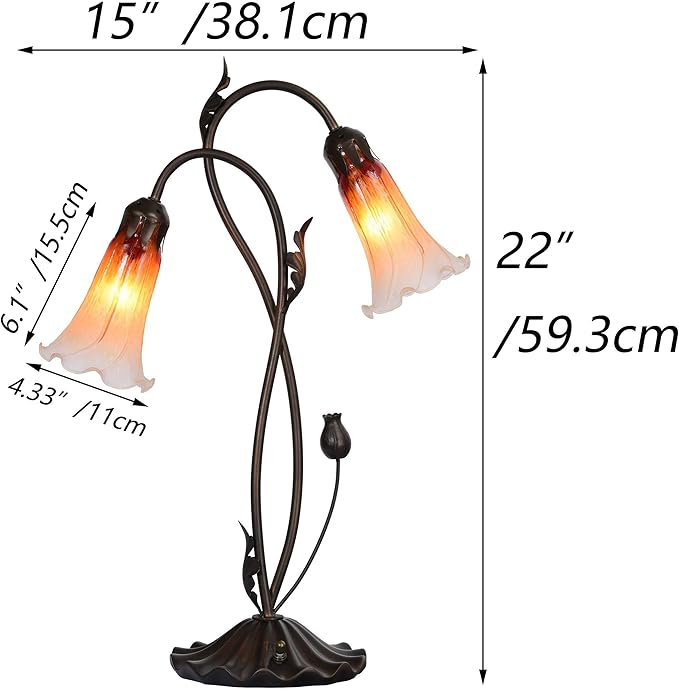 Bieye L10698 Lily Flower Blown Glass Accent Table Lamp for Living Room Bedroom Decoration (2-Light, Orange)