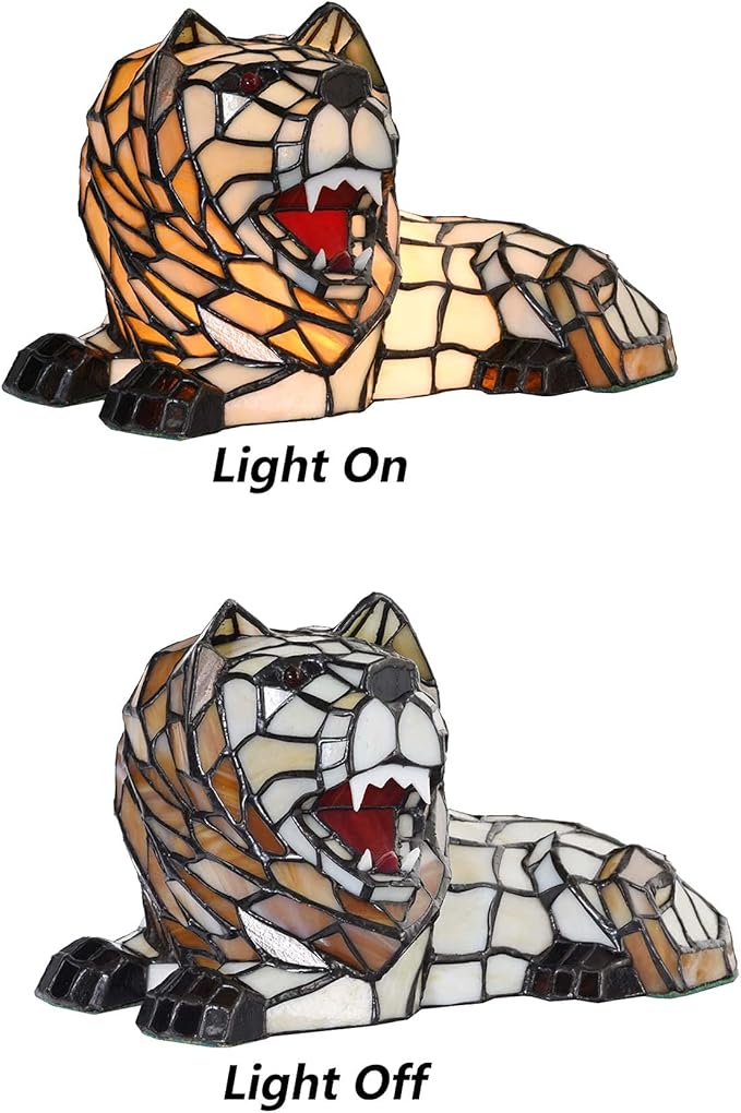 Bieye L10828 Roaring Lion Table Lamp Tiffany Style Stained Glass Accent Night Light for Children's Room Nursery Home Décor