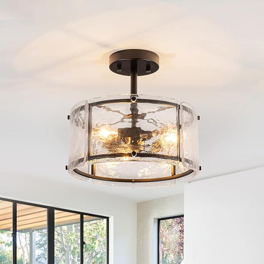 11.8 Inch Small Modern Farmhouse Black Semi Flush Mount Ceiling Light with Clear Glass Shade, 3-Bulb Close to Ceiling Light Fixture for Kitchen Bedroom Living Room Porch Hallway Entryway