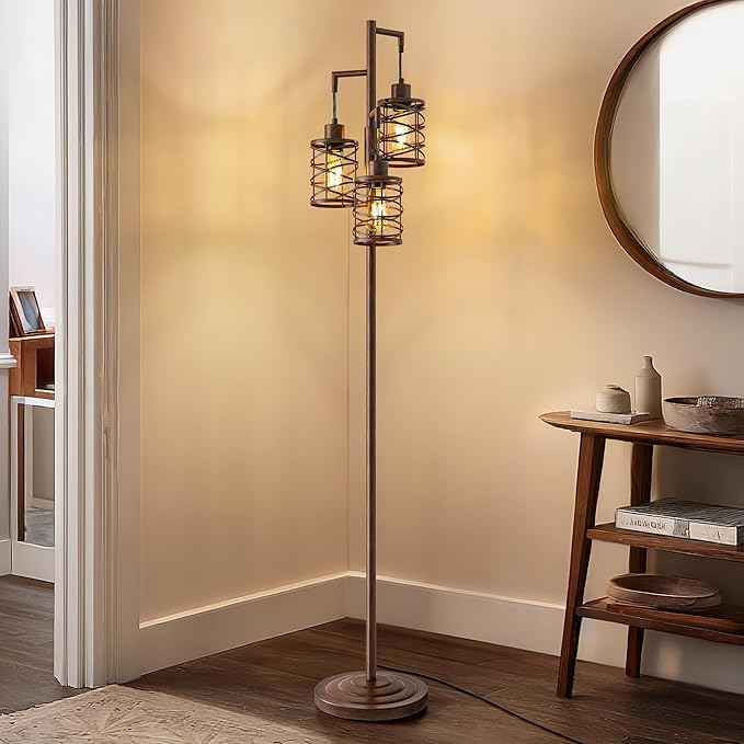BOBOMOMO 70" Farmhouse Dimmable Floor Lamp, Walnut Brown Industrial Metal Cage Standing Lamp with 3 LED Bulbs, Stepless Dimming Tall Tree Lamp for Living Room, Bedroom, Office, Corner