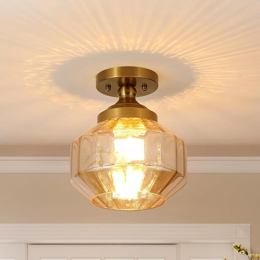 9in Semi Flush Mount Ceiling Light Fixture, Small Vintage Striated Glass Kitchen Lighting Fixtures Ceiling Mount for Entryway Hallway Bedroom Dining Room Bathroom Foyer Laundry (Amber)
