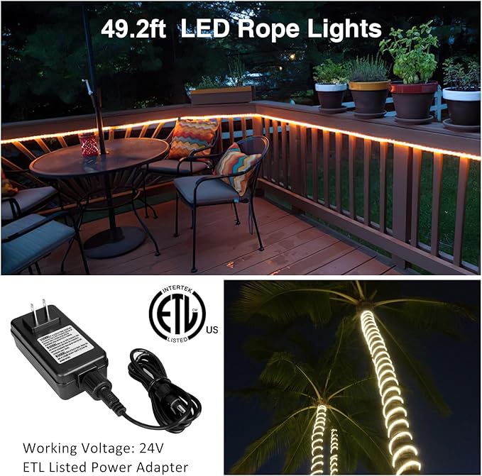 Novostella 49.2ft Smart LED Outdoor Rope Light, Music Sync RGB Strip Lights, App Control and RF Remote Color Changing Dimmable Tape Exterior Lighting Kit, for Garden Decorative Stairs Party, 24V IP65