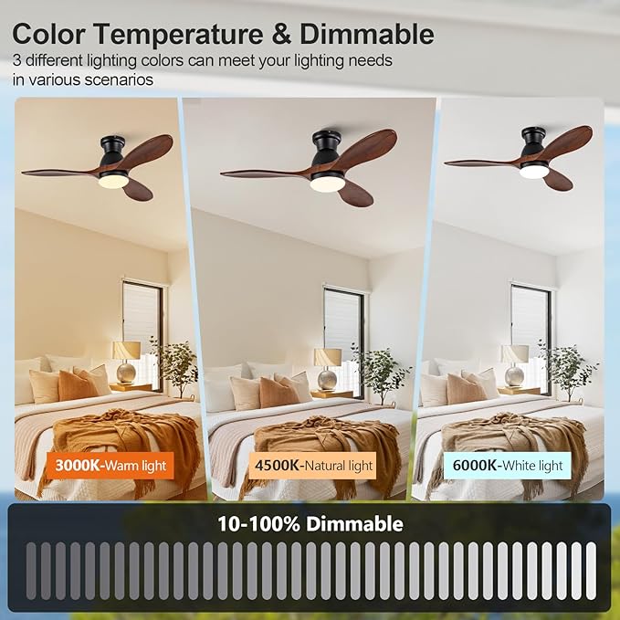 42 Inch Flush Mount Ceiling Fans with Lights and Remote, Dimmable 3 Blades Wood Bedroom Ceiling Fan with Lights Low Profile Ceiling Fan with Light Black Outdoor Ceiling Fans for Patios Living Room