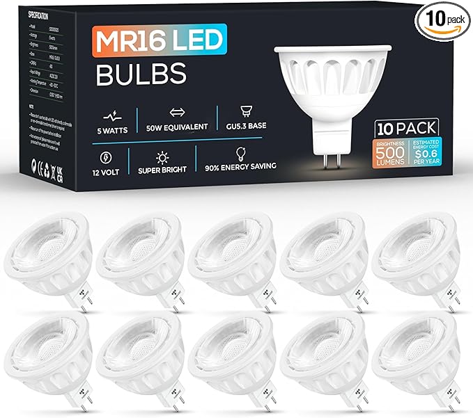 Torkase 10 Pack MR16 LED Bulbs, 5W 12V, GU5.3 Bi-Pin Base, 40 Degree Spotlight Bulb, 50 Watt Equivalent, Non-Dimmable, 500-Lumen, 6000K Cool White for Landscape Lighting, Recessed, Track Lighting