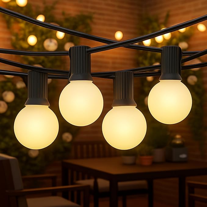 25Ft Frosted White String Lights with 27 G40 Globe Light Bulbs, Frosted Outdoor String Lights for Backyard Porch Balcony Party Wedding Umbrella, G40 5 Watt Bulbs E12 Base- Black Wire