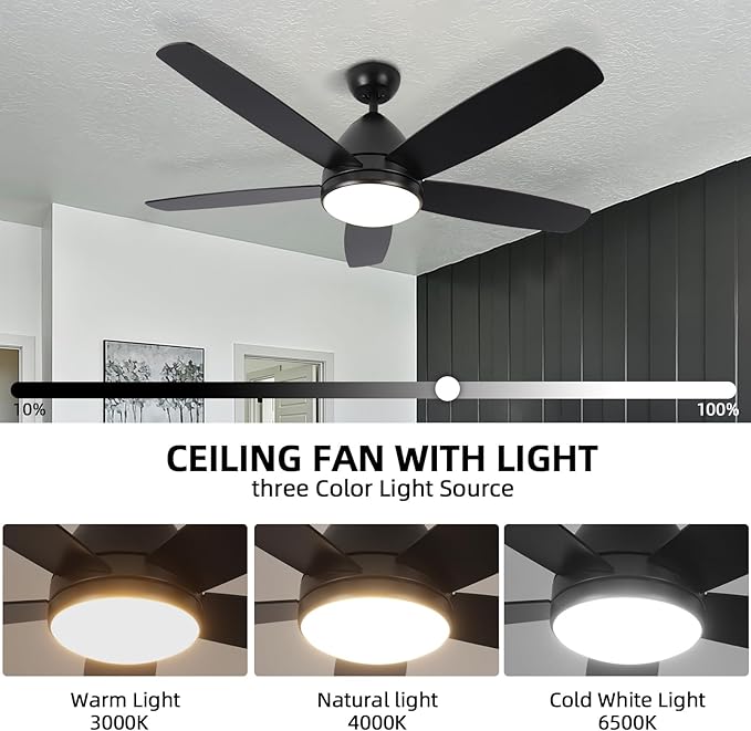 Smart Ceiling Fan with Light, 52 Inch Modern Black Outdoor Ceiling Fan and Remote/App, Dimmable Tri-Color LED and Reversible Motor for Indoor Bedroom/Outdoor Covered Patio - Aura Lighting