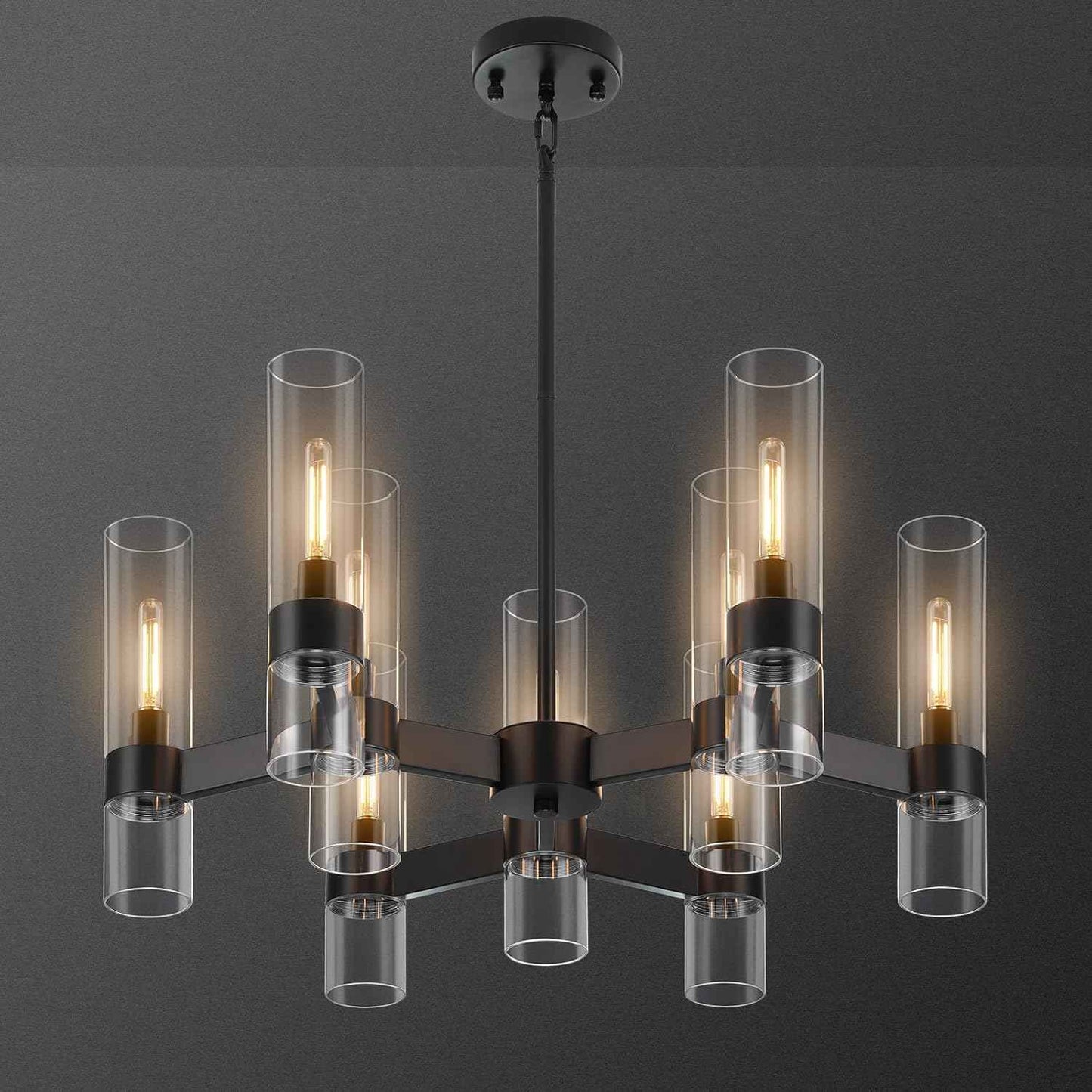 9-Light Black Farmhouse Chandeliers for Dining Room Light Fixture 28" | Modern Chandelier Over Table with Clear Glass Cover for Living Room Kitchen Island Bedroom Foyer Hallway Bathroom Restaurant