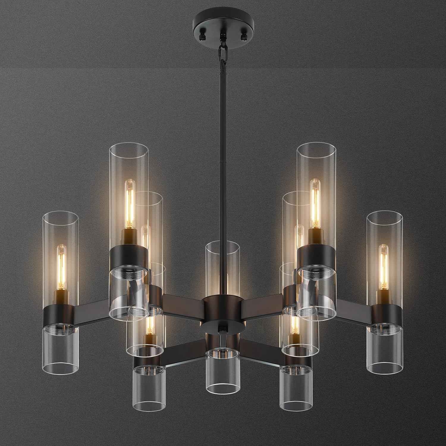 9-Light Black Farmhouse Chandeliers for Dining Room Light Fixture 28" | Modern Chandelier Over Table with Clear Glass Cover for Living Room Kitchen Island Bedroom Foyer Hallway Bathroom Restaurant