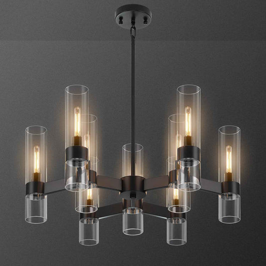 9-Light Black Farmhouse Chandeliers for Dining Room Light Fixture 28" | Modern Chandelier Over Table with Clear Glass Cover for Living Room Kitchen Island Bedroom Foyer Hallway Bathroom Restaurant