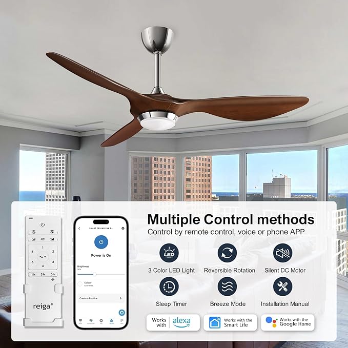 reiga 52 Inch ETL Listed High CFM Quiet DC Motor Smart Ceiling Fans with Lights Remote Control, Indoor 3 Blade Modern Ceiling Fan for Living Room Bedroom Farmhouse - Aura Lighting