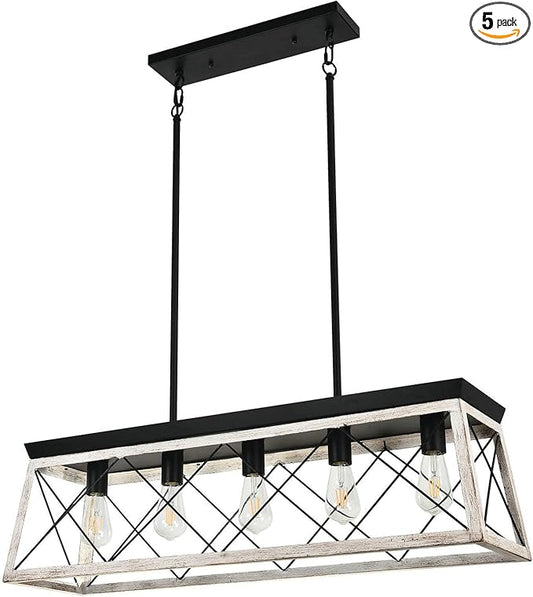 Luupyia Farmhouse Rectangular Chandelier Rustic, 5-Lights Kitchen Island Lighting, Linear Island Light Fixture Farmhouse Pendant Lighting Fixtures for Dining Room Pool Table Beige - Aura Lighting